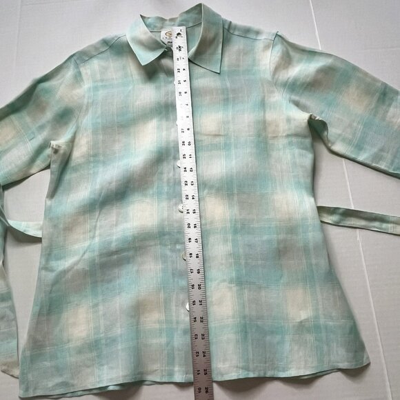 Talbots Petites Irish Linen Button Up Shirt w Belt sz 10P Blue Plaid Coastal - Picture 6 of 9
